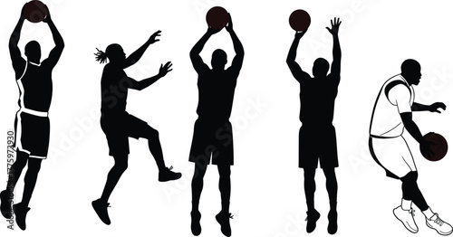 Silhouette collection of basketball players performing jump shots, dribbling, and dunking moves, showcasing athletic sports action, dynamic motion, and teamwork energy
