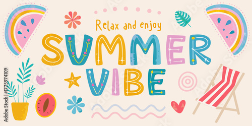 Foto Bright and cheerful summer vibe lettering with playful illustrations of watermel