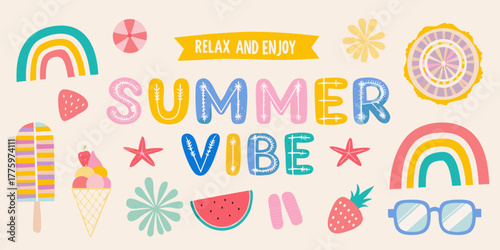 Bright and cheerful summer vibe graphic with fun illustrations and colorful lettering