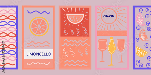 Abstract illustration of citrus fruits and drinks with playful wavy lines and sun motifs