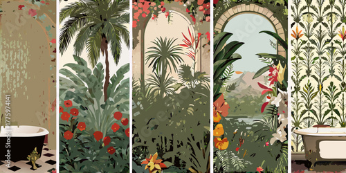 Tropical garden oasis with vintage bathtubs and floral wallpaper panels