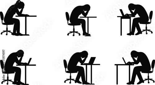 Silhouette collection of tired office workers sitting at desk with laptops, burnout and stress illustration for business, workplace, and mental health concepts