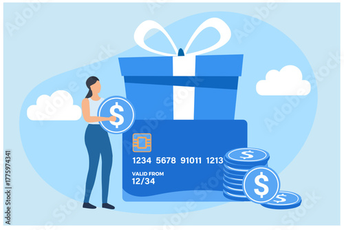 Woman gets bonuses and cashback. discount, customer service, online shopping, earn point, loyalty program, vector illustration 