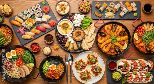 Abundant, diverse spread of global cuisine dishes on a wooden table