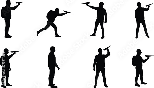 Silhouette illustration of people holding and throwing paper airplanes, symbolizing creativity, imagination, freedom, travel dreams, and exploration in minimalist black design