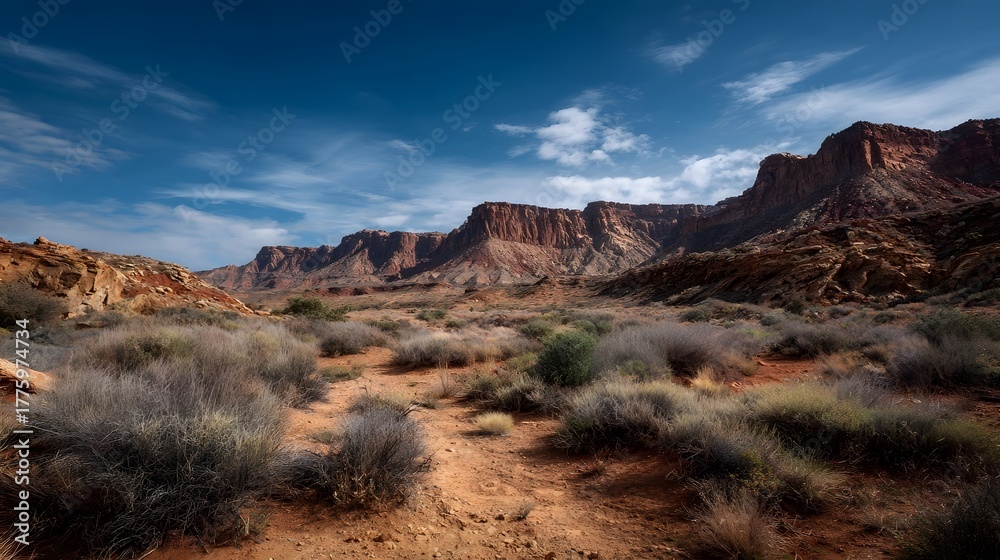 Obraz premium Vast desert landscape with rugged red rock cliffs and dry scrub vegetation under a blue sky