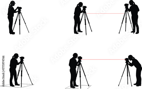 Silhouette land surveyors measuring distance using tripod equipment and laser alignment at construction site for precise mapping and engineering accuracy, teamwork