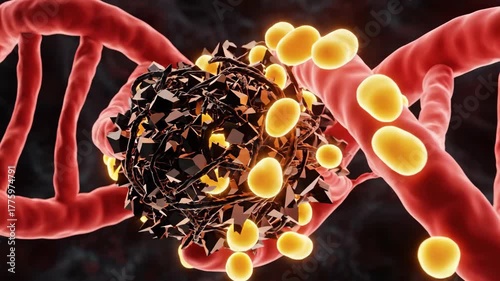 3D macro animation of sugar molecules (glucose) causing glycation and damage to a protein strand (collagen).