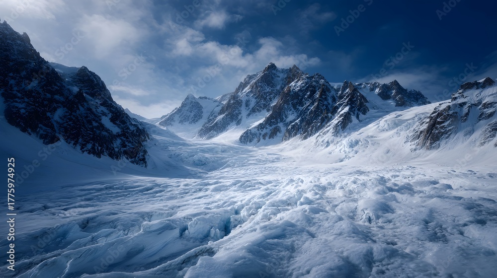 Obraz premium A majestic panorama of a vast frozen glacier flowing through rugged snow capped mountains under a bright blue sky with scattered clouds
