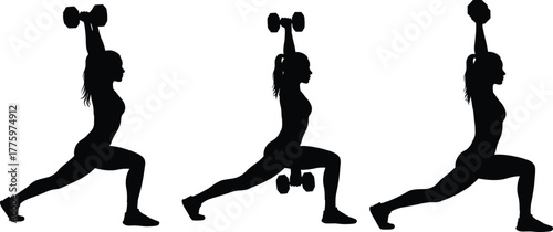 Silhouette of a woman lifting dumbbells in strength training poses, fitness workout, gym exercise, powerlifting, health, endurance, and athletic body concept.