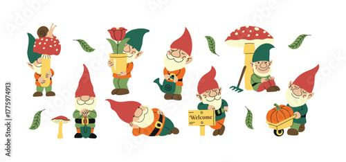 Set collection of garden gnomes hand drawn icon clipart avatar logotype isolated illustration