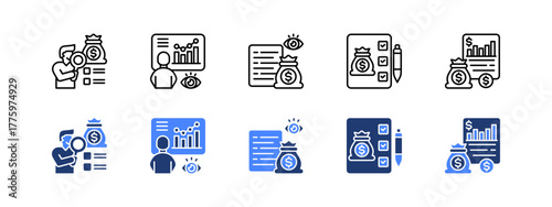 Tracking, Monitoring, Control, Evaluation, Reporting with two styles, line and duotone icon.