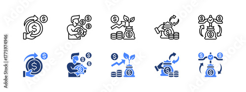 Expenditure, Savings, Investment, Cashflow, Balance with two styles, line and duotone icon.