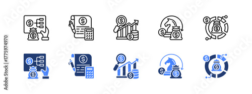 Planning, Assessment, Analysis, Strategy, Allocation with two styles, line and duotone icon.
