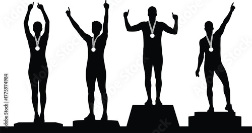 Silhouette of athletes standing on winner podium wearing medals and celebrating victory, sports competition award ceremony and championship success illustration