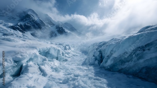 A majestic glacial landscape unfolds featuring vibrant blue ice formations jagged peaks and atmospheric clouds