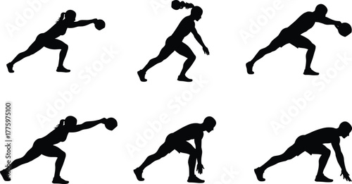 Silhouette of athletes training with medicine balls, fitness workout, strength exercise, crossfit routine, endurance practice, sports conditioning, gym training, and body movement.