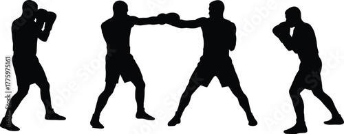Silhouette of boxers practicing punches and defensive stances, symbolizing strength, fitness, competition, martial arts, training, discipline, and athletic determination.