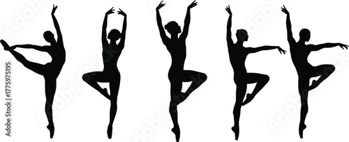 Silhouette of ballet dancers performing graceful poses, dance art, body movement, balance, flexibility, stage performance, artistic expression, and classical dance concept.