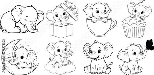 Collection of adorable baby elephants in various cute poses and situations for coloring pages