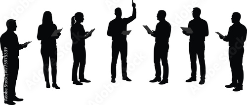 Silhouette of business people holding documents and discussing ideas, teamwork communication and corporate meeting concept in modern office environment