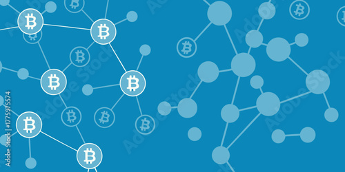 Abstract network of interconnected bitcoin cryptocurrency symbols on a blue background
