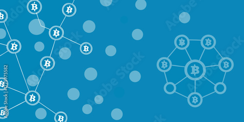 Abstract network of bitcoin cryptocurrency symbols connected by lines on a blue background with scattered circles