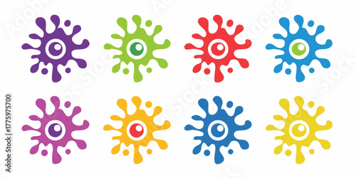 Collection of eight colorful blob monster characters with one eye each in a playful cartoon style