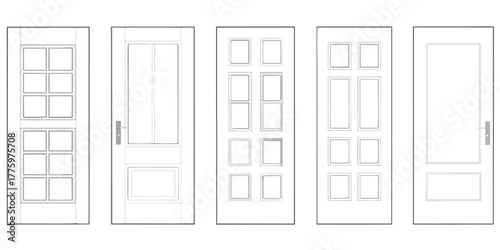Collection of five different architectural door designs with varying panel and window configurations