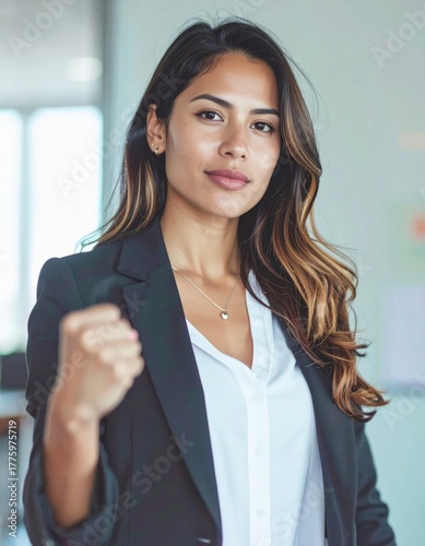 Confident young businesswoman showing determination and success in a professional setting.