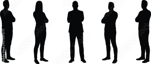 Silhouette of confident business team standing with folded arms, teamwork concept, leadership, unity, professional success, confidence, and group collaboration