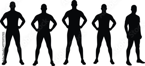 Silhouette of confident men standing with hands on hips, strong posture, fitness concept, leadership confidence, body strength, determination, and masculine energy.