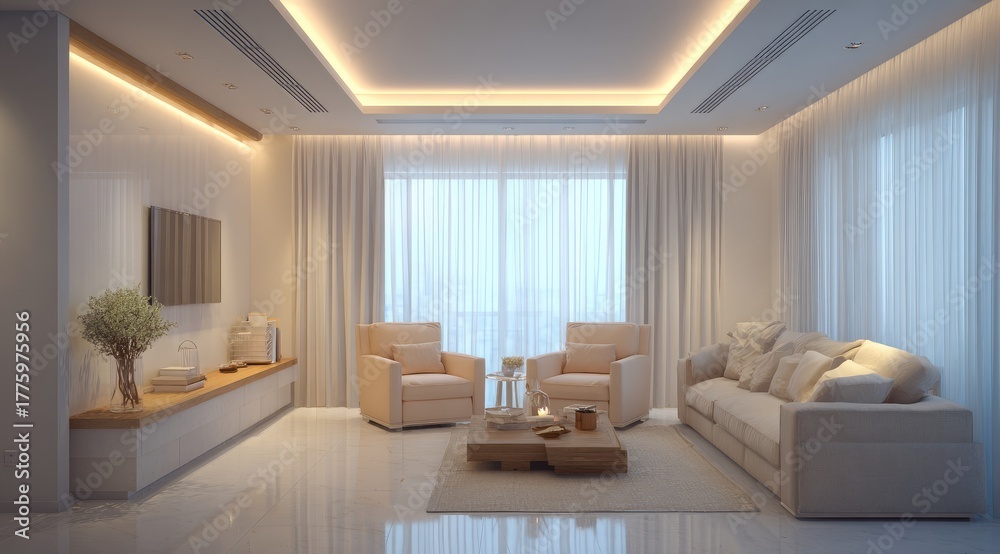 Fototapeta premium Modern living room, bright and airy, beige tones