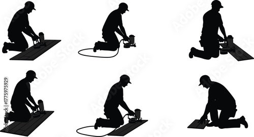 Silhouette of construction worker kneeling and installing wooden flooring using nail gun tool, professional carpenter at work, renovation concept, industry