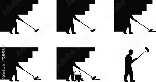 Silhouette of construction worker painting wall with roller, man using paint roller tool, home renovation and maintenance work concept illustration