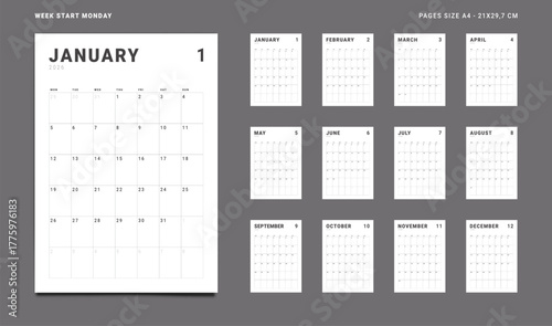 2026 Calendar Planner Set of new Template 12 Monthly Page for Corporate or Personal use. Vector layout grid vertical of wall or desk organizer with week start Monday for print. Pages size A4-21x29.7