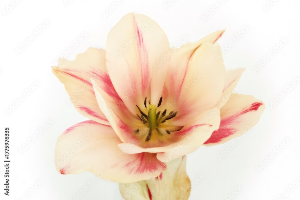 Obraz premium Creamy pink tulip blossom closeup on white background springtime bloom