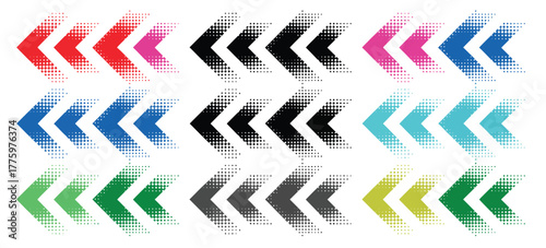 Colorful Halftone Arrows Collection,  Dotted Gradient Web Arrows, Forward and Download Symbols, and Directional Icons for Website, App, and Logo Projects
