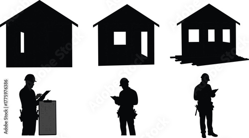 Silhouette of construction workers inspecting house framework, taking notes and checking building plans, home construction and inspection process illustration