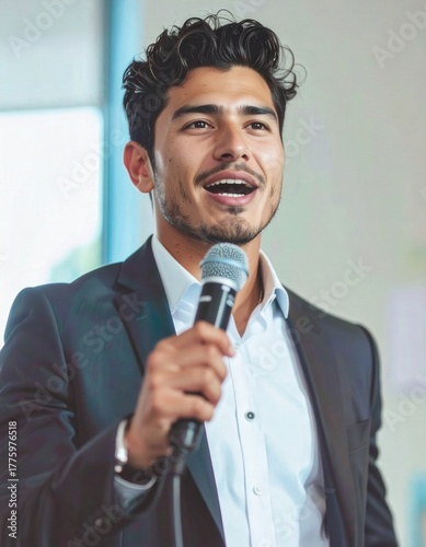 Confident young man speaking into a microphone at a business or public event.