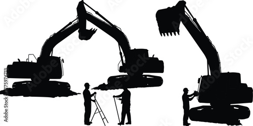 Silhouette of construction workers operating and inspecting excavator heavy machinery on work site, industrial equipment operation, engineering, maintenance, excavation and safety concept