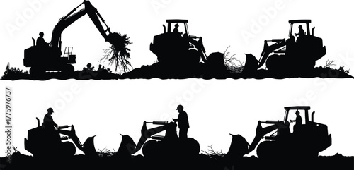 Silhouette of construction workers operating excavators and bulldozers, land clearing and heavy machinery at work site, industrial engineering concept illustration