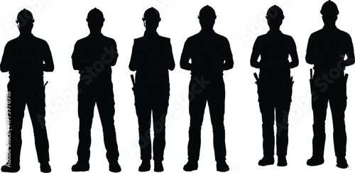 Silhouette of construction workers standing together wearing helmets and tools, teamwork engineering professionals and industrial labor concept on white background illustration