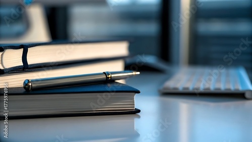 A close up shot of a pen resting on a stack of books next to a computer keyboard on a desk