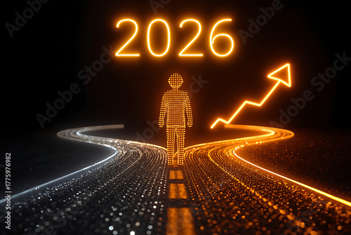 A business person stepping confidently onto a glowing digital path, symbolizing a decision to embrace AI in 2026, representing innovation, growth, and the future of smart business. AI-generated