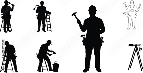 Silhouette of construction workers using hammers, standing on ladders, concept of repair, building, craftsmanship, labor, safety, and industrial work.