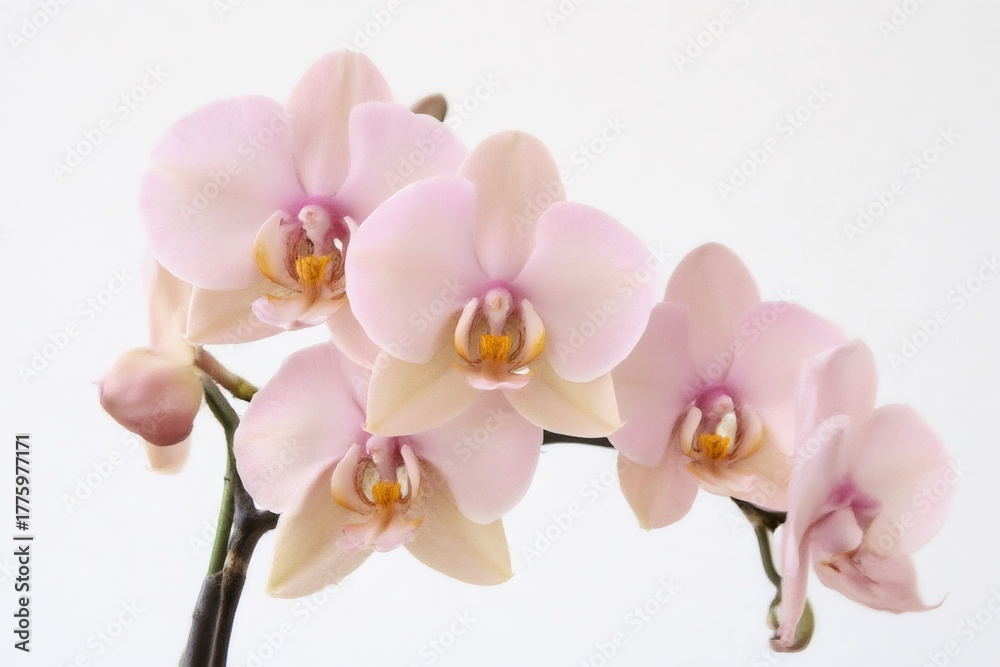 Fototapeta premium Delicate pink Phalaenopsis orchid blooms on stem against white backdrop