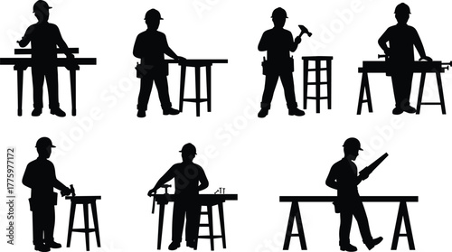 Silhouette of construction workers using tools and working with wood on site, carpentry and craftsmanship concept in industrial environment