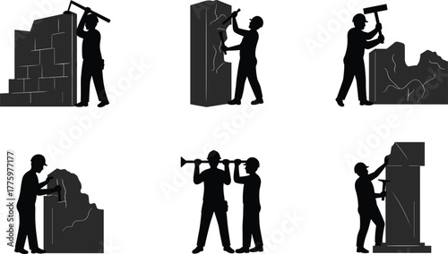 Silhouette of construction workers using sledgehammers and tools to break concrete walls, demolition and industrial labor concept with teamwork