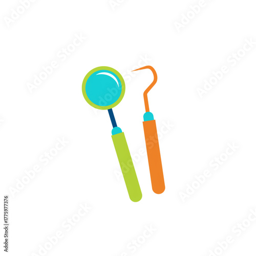 Dental instruments including mirror and scaler on white background  